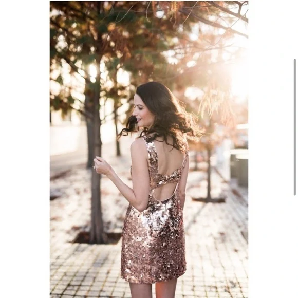 Kate Spade Rose Gold Sequin Bow Cutout Back Sleeveless Mini Dress Size 8 - Picture 2 of 16